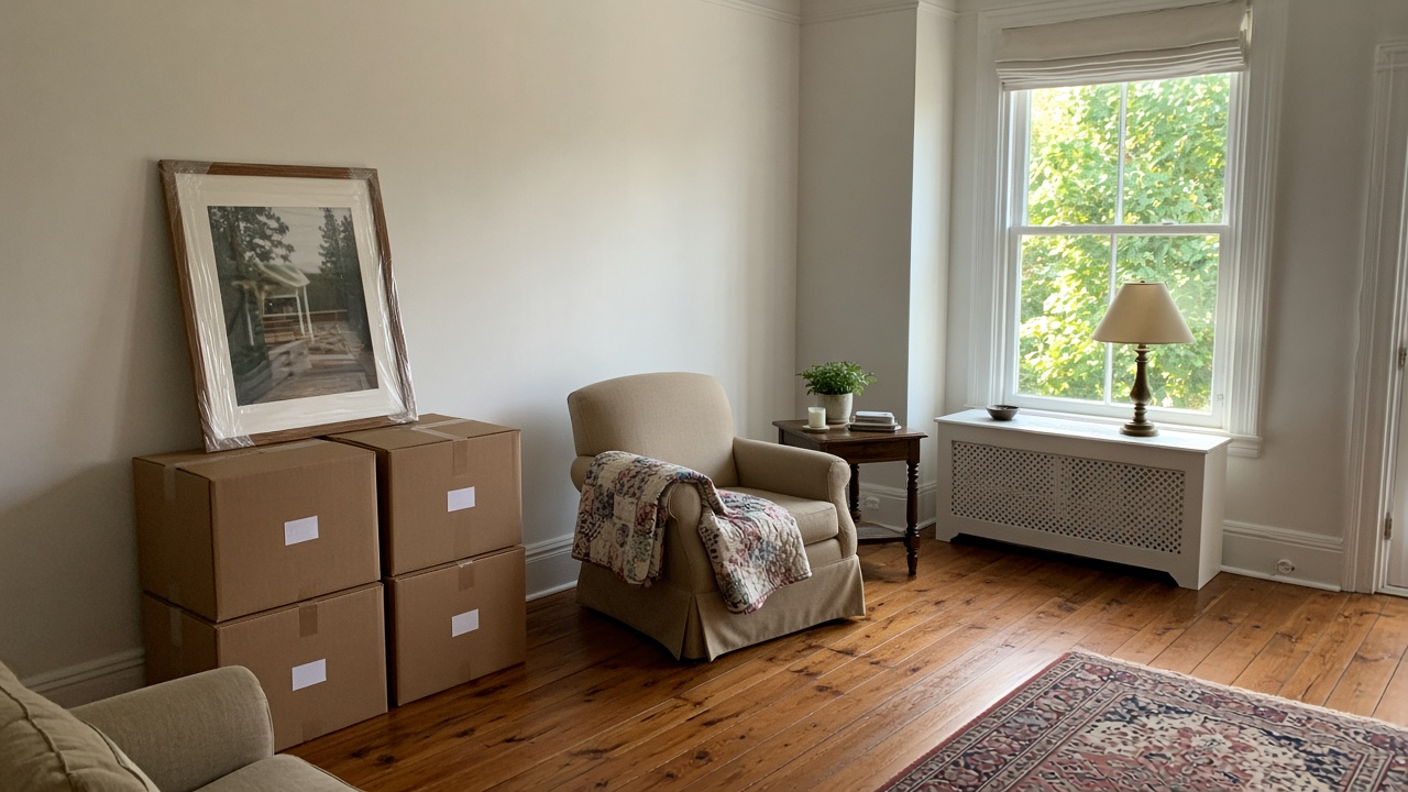 A tidy living room with labeled moving boxes, a wrapped framed photo, and an armchair with a folded quilt