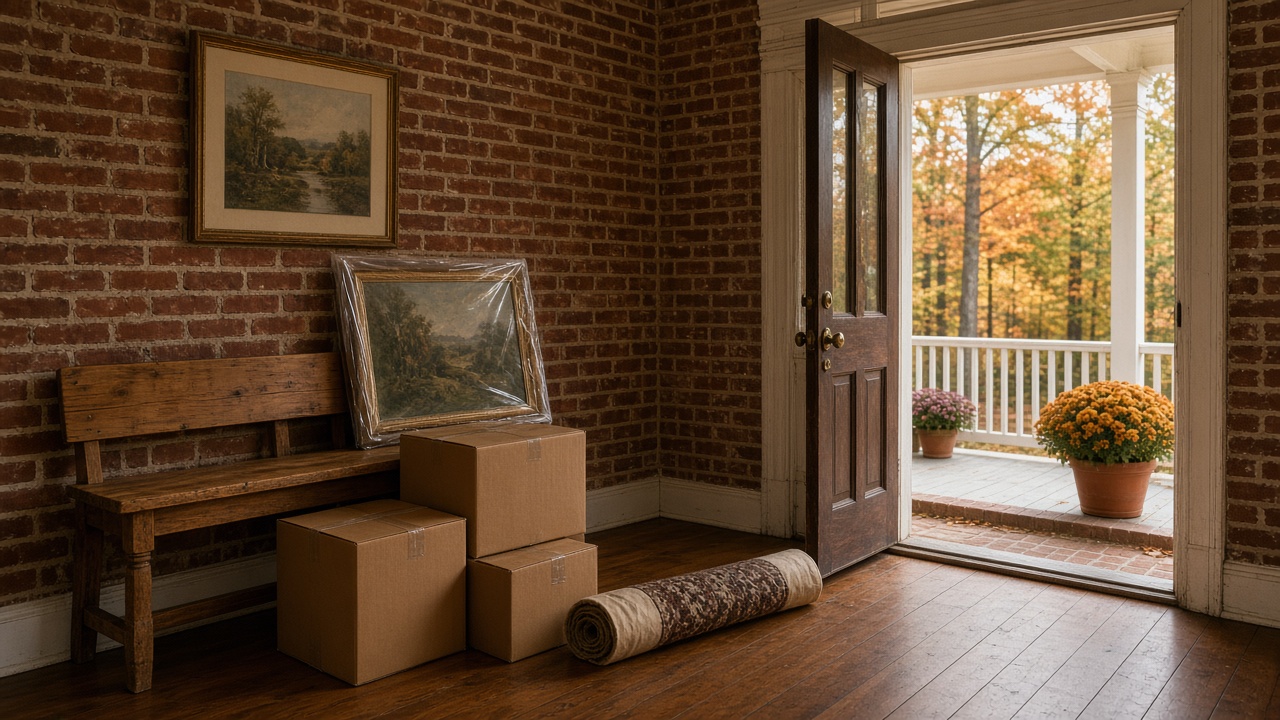 Entry hall of an older brick Upstate home with a wooden bench, sealed moving boxes, a rolled rug, and a wrapped painting, front door open to an autumn porch with mums