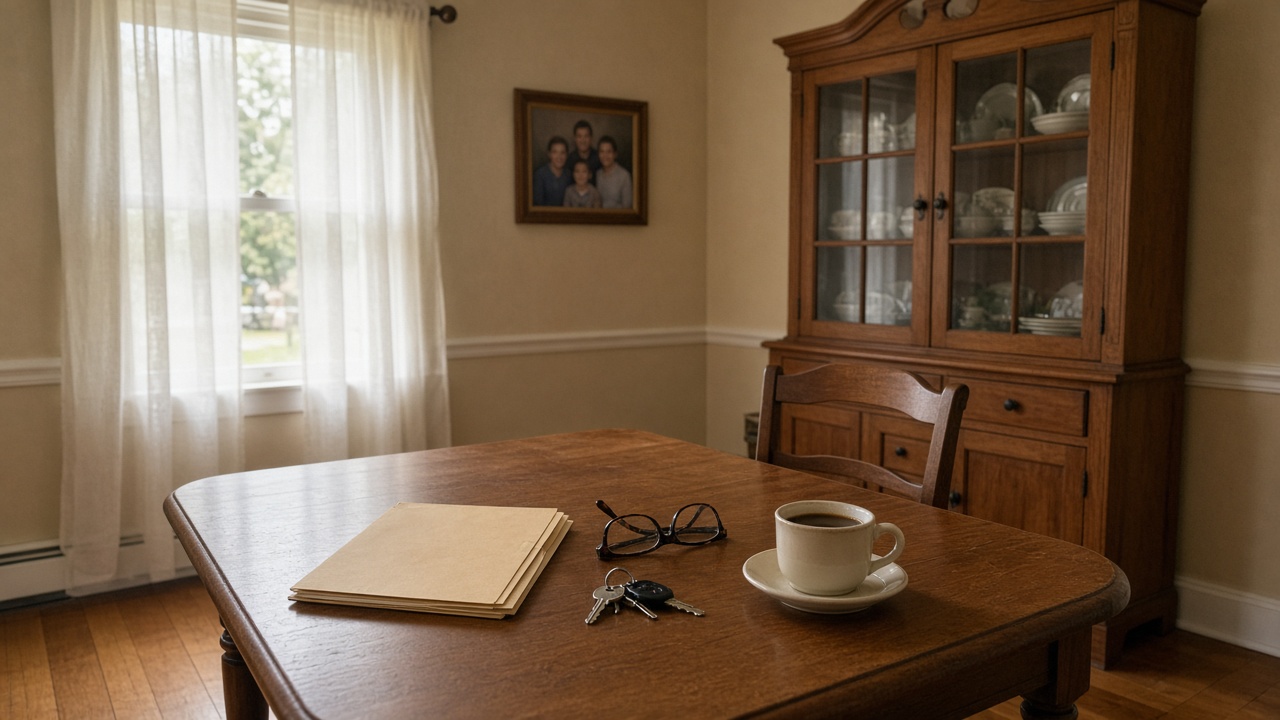 A tidy dining room table in an older Upstate home with a folder, reading glasses, house keys, and a cup of coffee