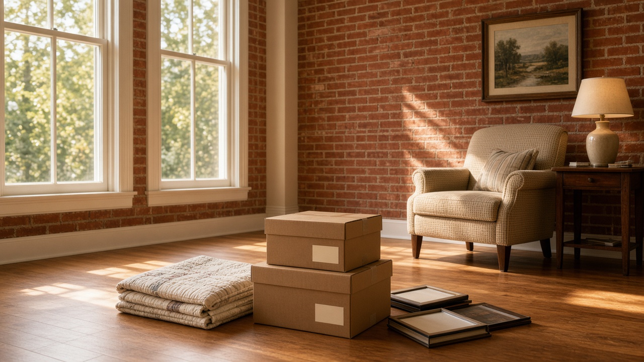 Sunlit living room in a brick Upstate home with labeled keepsake boxes, a folded quilt, and framed photos set aside